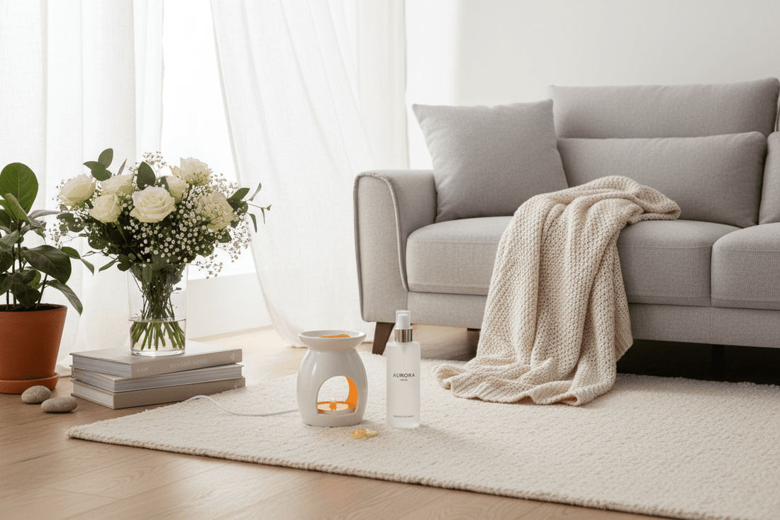 A warm, airy living room scene with a glowing wax melt burner, interior mist spray bottle, fresh flowers, and a cosy sofa — perfectly captures the all-day home fragrance vibe.
