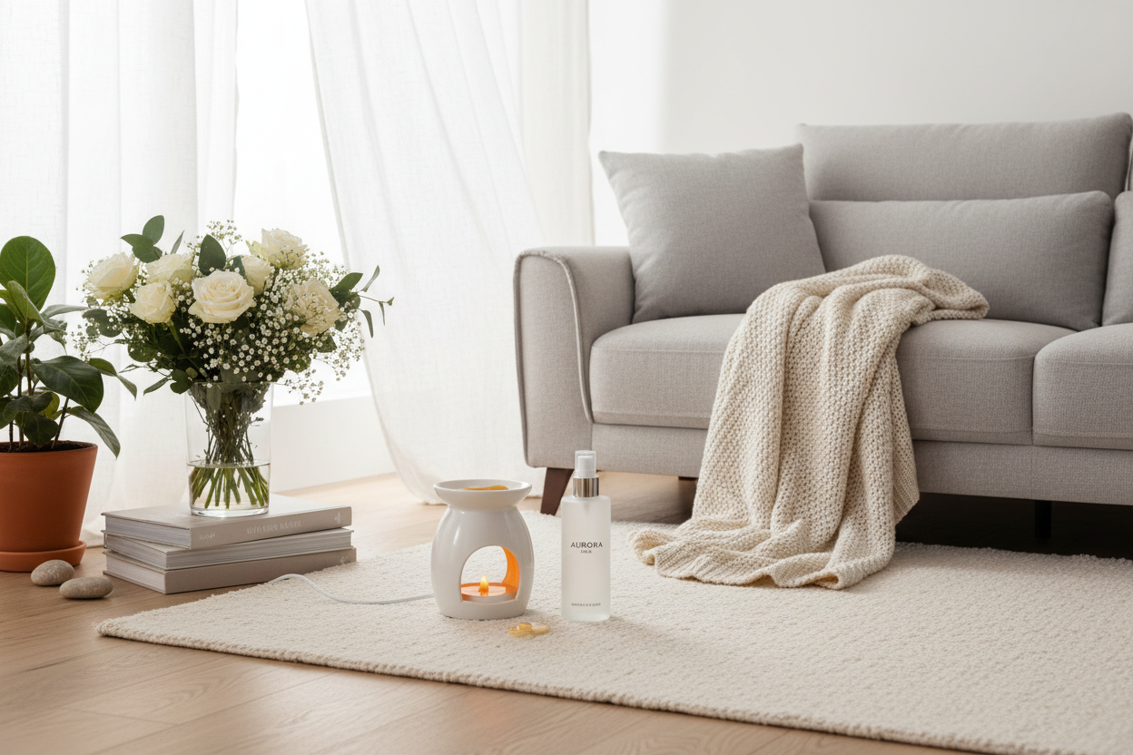 A warm, airy living room scene with a glowing wax melt burner, interior mist spray bottle, fresh flowers, and a cosy sofa — perfectly captures the all-day home fragrance vibe.